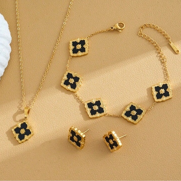 Jewelry - Gold Plated Stainless Steel 3-Piece Black Clover Jewelry Set